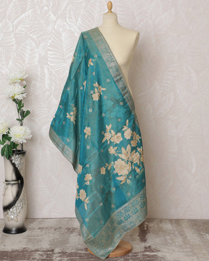 Aquamarine Blossom Brocade Dupatta with Silver Accents - 225x80 cm, Made in India-D19095