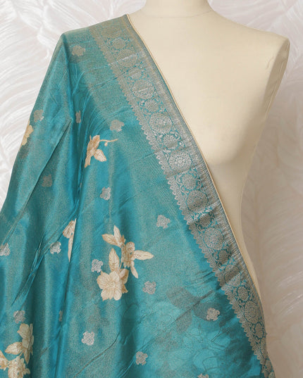 Aquamarine Blossom Brocade Dupatta with Silver Accents - 225x80 cm, Made in India-D19095