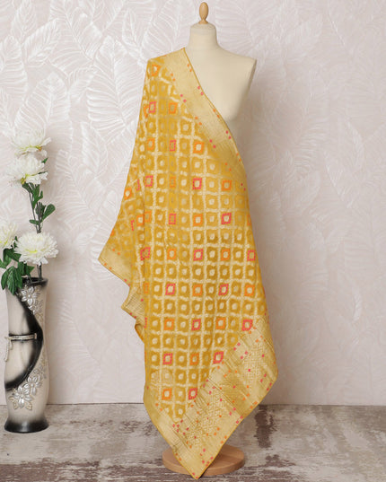 Sunshine Yellow Brocade Dupatta with Pink and Orange Accents - 225x80 cm, Made in India-D19096