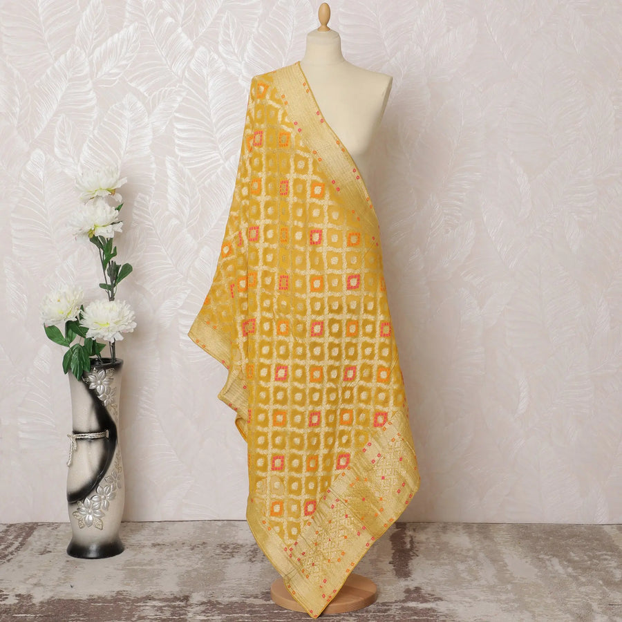 Sunshine Yellow Brocade Dupatta with Pink and Orange Accents - 225x80 cm, Made in India-D19096 Regal Fabrics