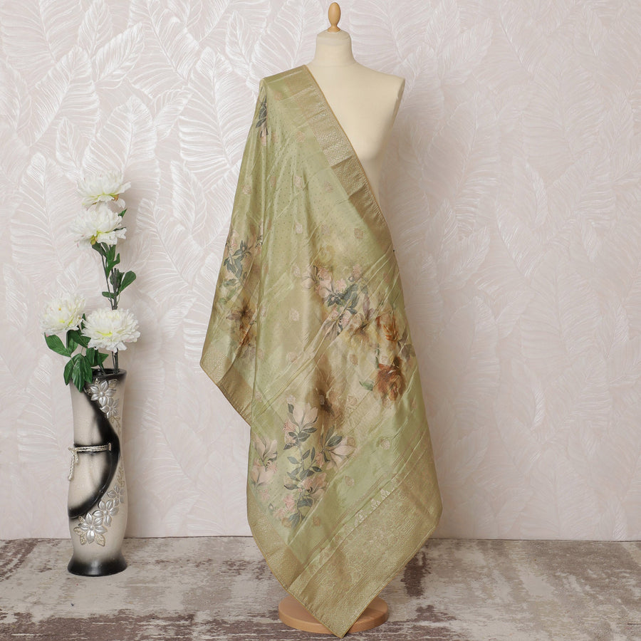 Sage Green Brocade Dupatta with Golden Floral Accents - 225x80 cm, Made in India-D19098