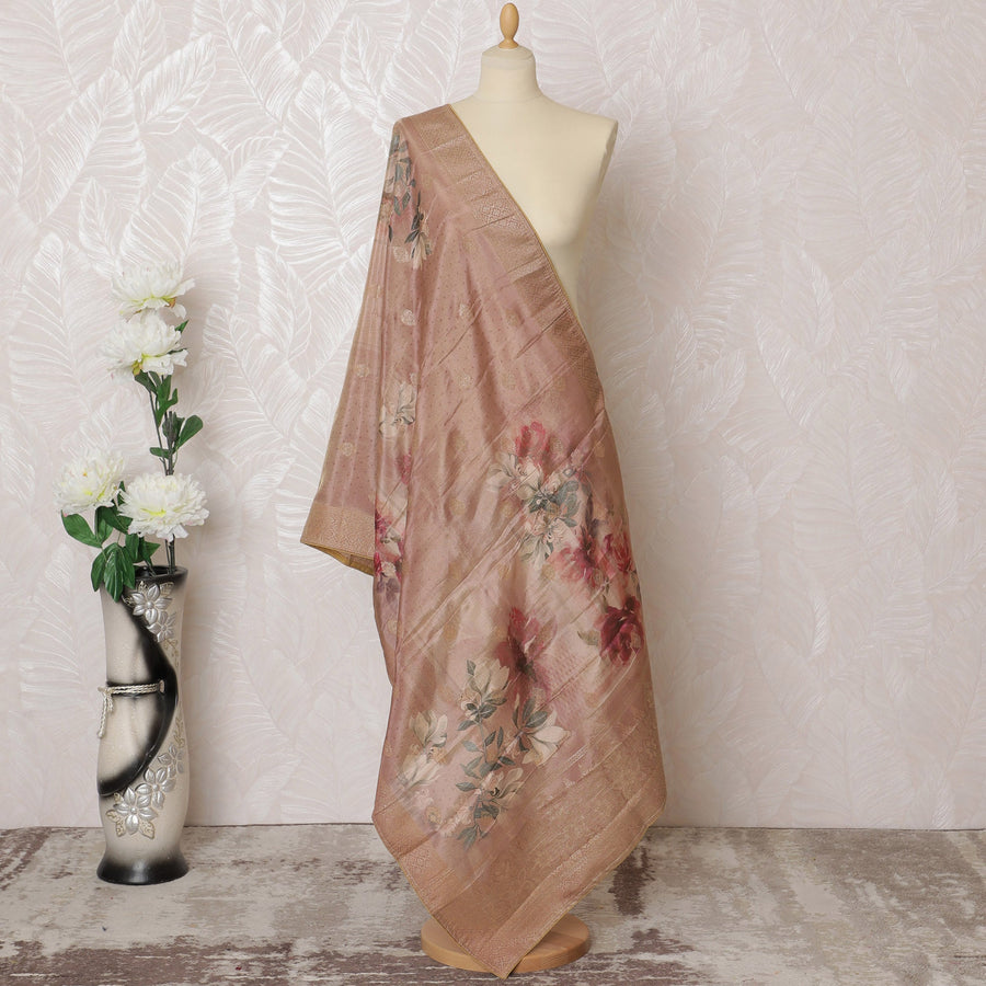 Blush Pink Brocade Dupatta with Gold Leaf Motifs - 225x80 cm, Made in India-D19099