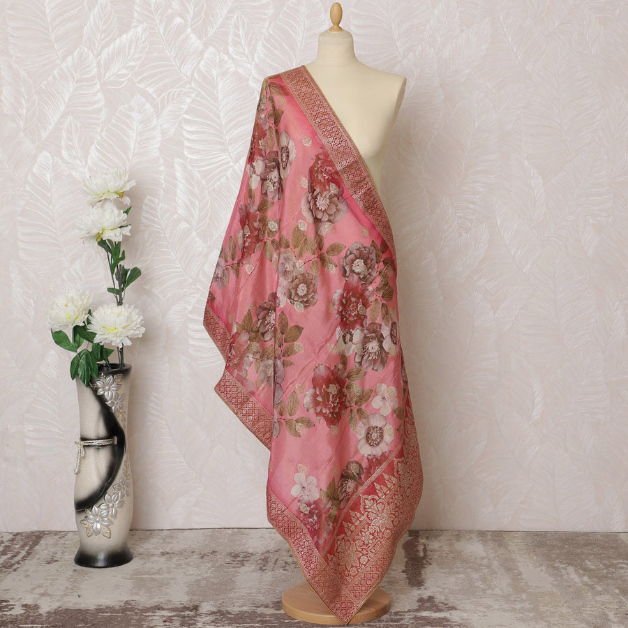 Coral Garden Brocade Dupatta with Golden Floral Design - 225x80 cm, Made in India-D19102