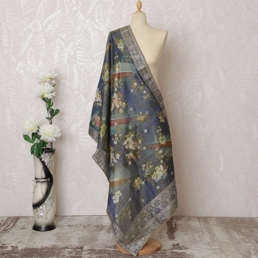 Midnight Floral Brocade Dupatta with Silver Accents - 225x80 cm, Made in India-D19103 Regal Fabrics