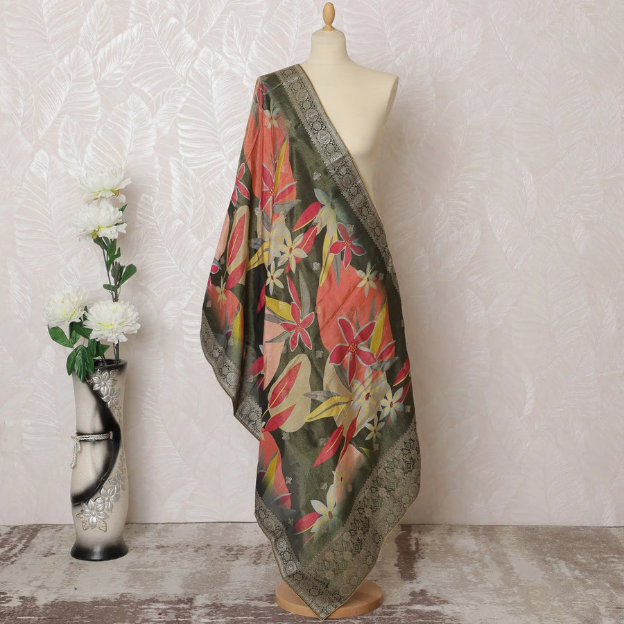 Tropical Paradise Brocade Dupatta with Silver Embellishments - 225x80 cm, Made in India-D19104 Regal Fabrics