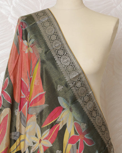 Tropical Paradise Brocade Dupatta with Silver Embellishments - 225x80 cm, Made in India-D19104