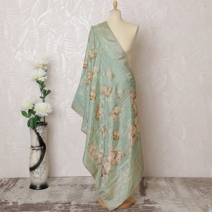 Mint Elegance Brocade Dupatta with Floral Embroidery - 225x80 cm, Made in India-D19105 Regal Fabrics