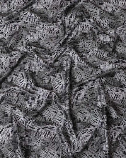 Sophisticated Charcoal Cotton Shirting Fabric with White Geometric Satin Finish, 150 cm Wide-D19185