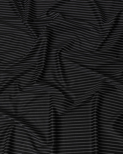 Classic Black Cotton Shirting Fabric with White Pinstripes, Satin Finish, 150 cm Wide-D19186