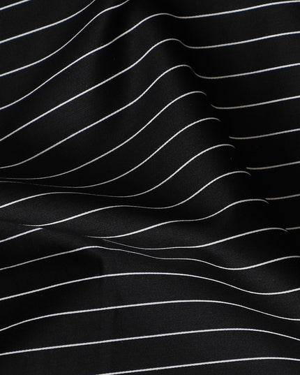 Classic Black Cotton Shirting Fabric with White Pinstripes, Satin Finish, 150 cm Wide-D19186