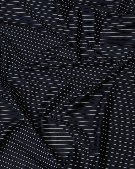 Elegant Navy Blue Cotton Shirting Fabric with Thin White Stripes, Satin Finish, 150 cm Wide-D19187