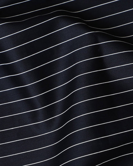 Elegant Navy Blue Cotton Shirting Fabric with Thin White Stripes, Satin Finish, 150 cm Wide-D19187