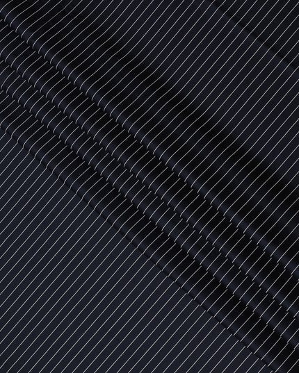 Elegant Navy Blue Cotton Shirting Fabric with Thin White Stripes, Satin Finish, 150 cm Wide-D19187