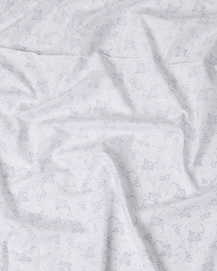 Refined White Cotton Shirting Fabric with Blue Floral Motifs, Satin Finish, 150 cm Wide-D19189