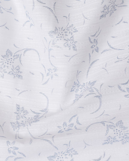 Refined White Cotton Shirting Fabric with Blue Floral Motifs, Satin Finish, 150 cm Wide-D19189