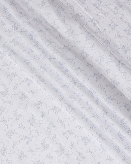 Refined White Cotton Shirting Fabric with Blue Floral Motifs, Satin Finish, 150 cm Wide-D19189