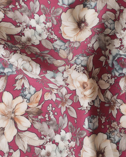 Romantic Rose Floral Cotton Satin Fabric, Rich Red and Cream Hues, 110 cm Wide-D19194