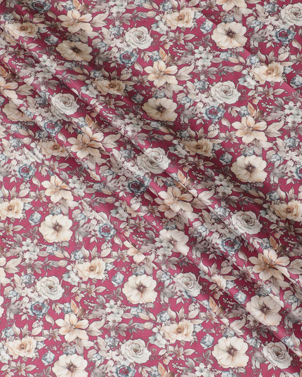 Romantic Rose Floral Cotton Satin Fabric, Rich Red and Cream Hues, 110 cm Wide-D19194