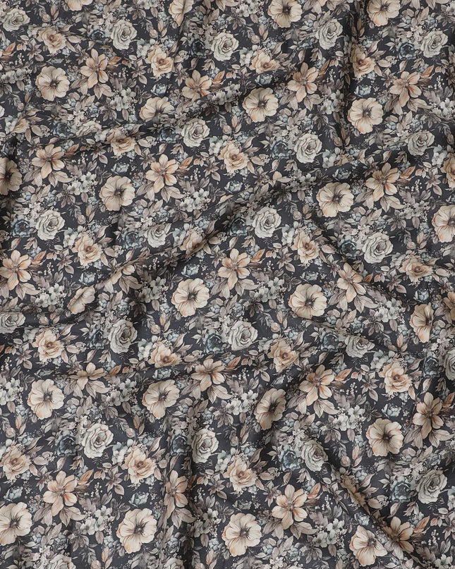 Sophisticated Charcoal Cotton Satin Fabric with Neutral Floral Print, 110 cm Wide-D19196 Regal Fabrics