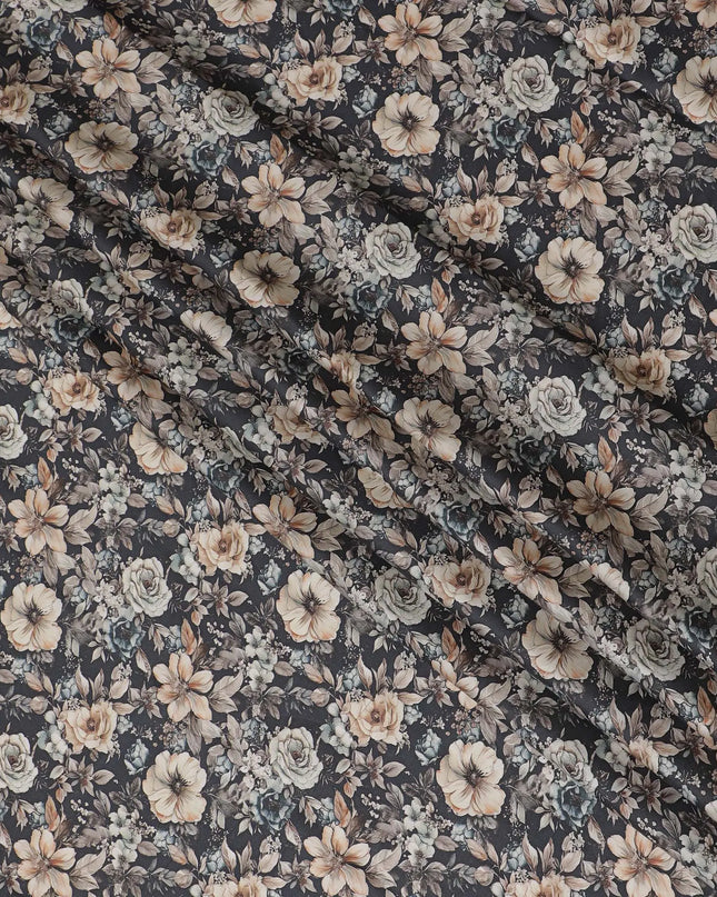 Sophisticated Charcoal Cotton Satin Fabric with Neutral Floral Print, 110 cm Wide-D19196 Regal Fabrics