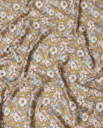 Vibrant Mustard Yellow Cotton Satin Fabric with Delicate Floral Print, 110 cm Wide-D19197