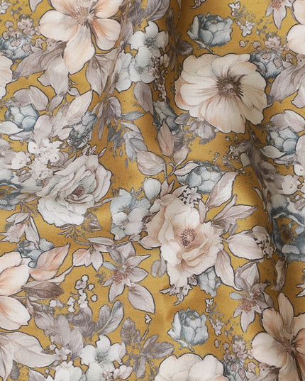 Vibrant Mustard Yellow Cotton Satin Fabric with Delicate Floral Print, 110 cm Wide-D19197