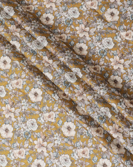 Vibrant Mustard Yellow Cotton Satin Fabric with Delicate Floral Print, 110 cm Wide-D19197