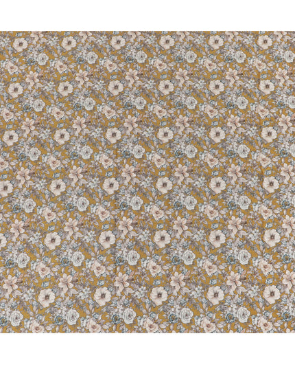 Vibrant Mustard Yellow Cotton Satin Fabric with Delicate Floral Print, 110 cm Wide-D19197