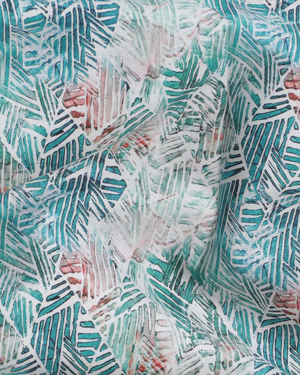 Tropical Aqua Cotton Satin Fabric with Coral Leaf Impressions, 110 cm Wide-D19201