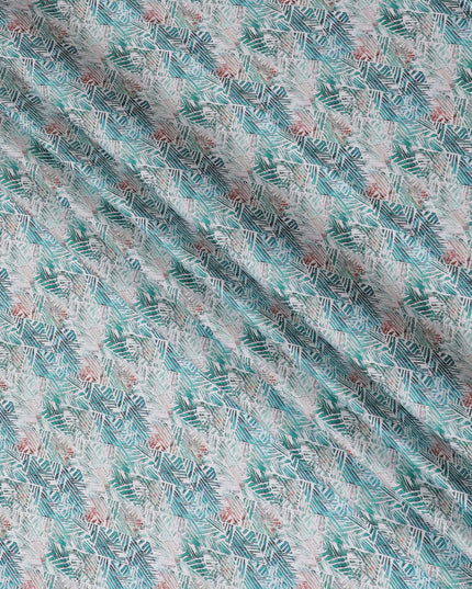 Tropical Aqua Cotton Satin Fabric with Coral Leaf Impressions, 110 cm Wide-D19201