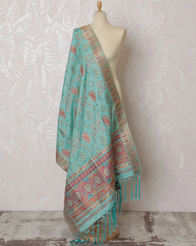 Turquoise and Pink Floral Synthetic Brocade Dupatta - Traditional Indian Design, 85x245 cm-D19276 Regal Fabrics