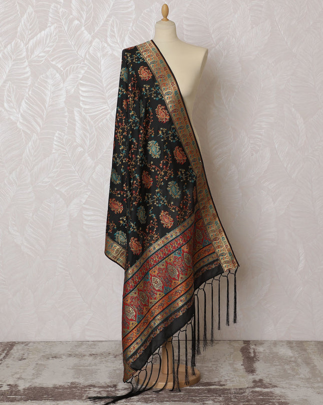 Black and Multicolor Floral Synthetic Brocade Dupatta - Traditional Indian Design, 85x245 cm-D19279
