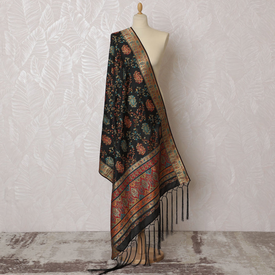 Black and Multicolor Floral Synthetic Brocade Dupatta - Traditional Indian Design, 85x245 cm-D19279