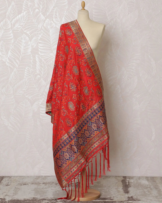 Vibrant Red and Gold Floral Synthetic Brocade Dupatta - Luxurious Indian Design, 85x245 cm-D19280 Regal Fabrics