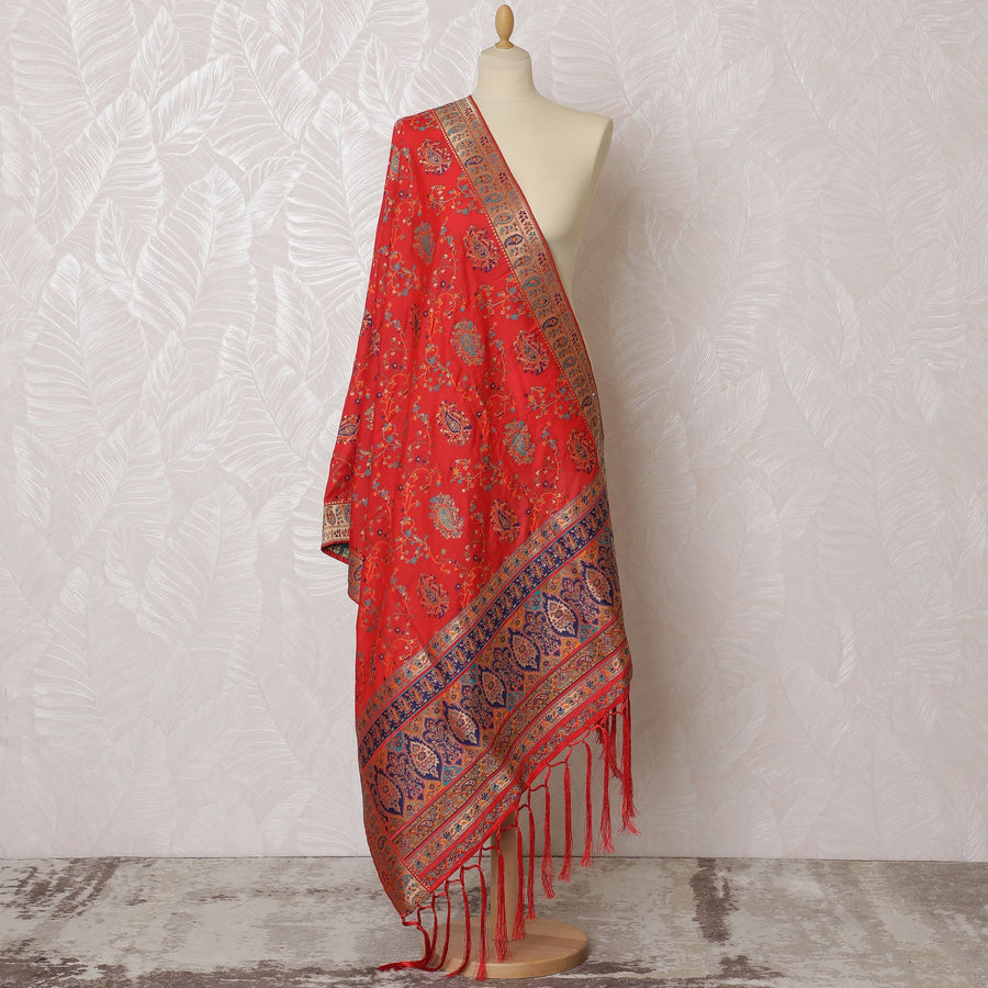 Vibrant Red and Gold Floral Synthetic Brocade Dupatta - Luxurious Indian Design, 85x245 cm-D19280