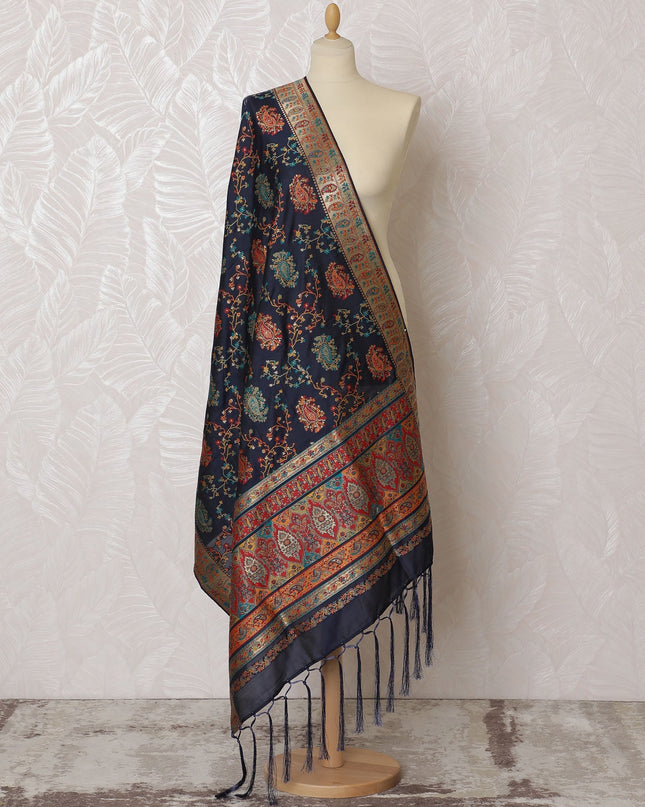 Dark Navy and Rich Orange Floral Synthetic Brocade Dupatta - Traditional Indian Design, 85x245 cm-D19281 Regal Fabrics