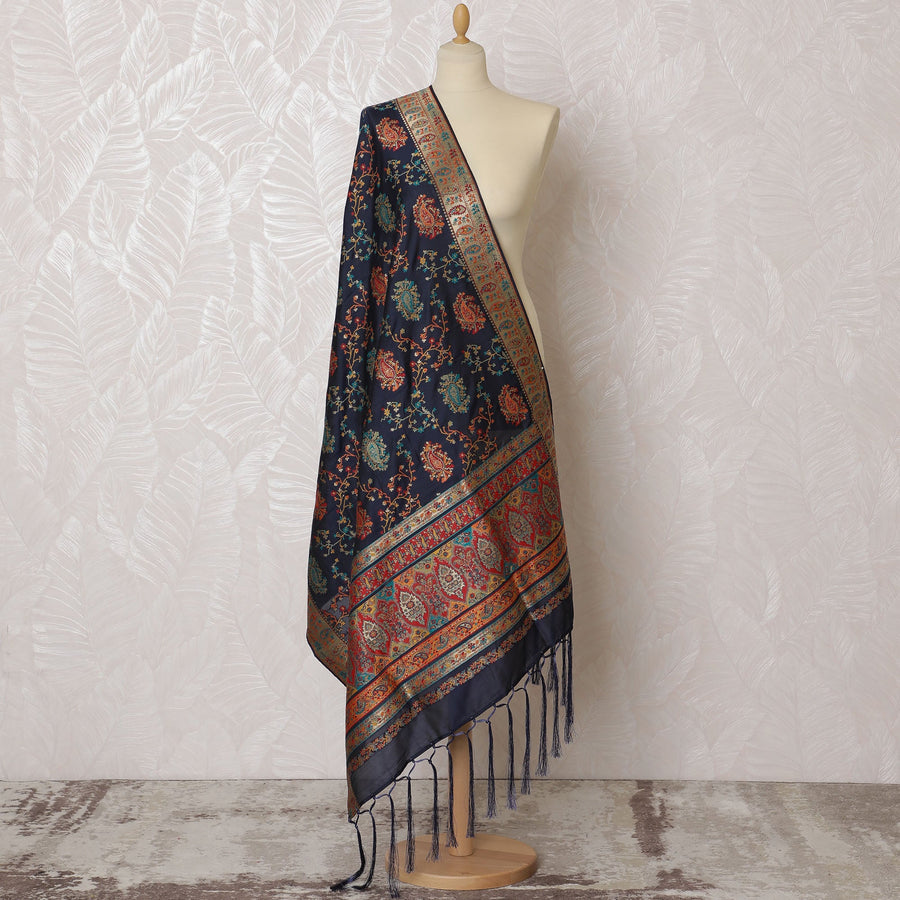 وشاح من الديباج الصناعي باللون الأزرق الداكن والبرتقالي الغني - تصميم هندي تقليدي، 85x245 سم-D19281