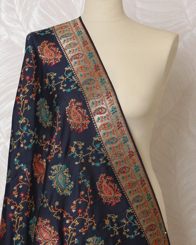 Dark Navy and Rich Orange Floral Synthetic Brocade Dupatta - Traditional Indian Design, 85x245 cm-D19281 Regal Fabrics