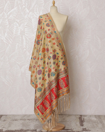 Cream and Vibrant Floral Synthetic Brocade Dupatta - Traditional Indian Design, 85x245 cm-D19282