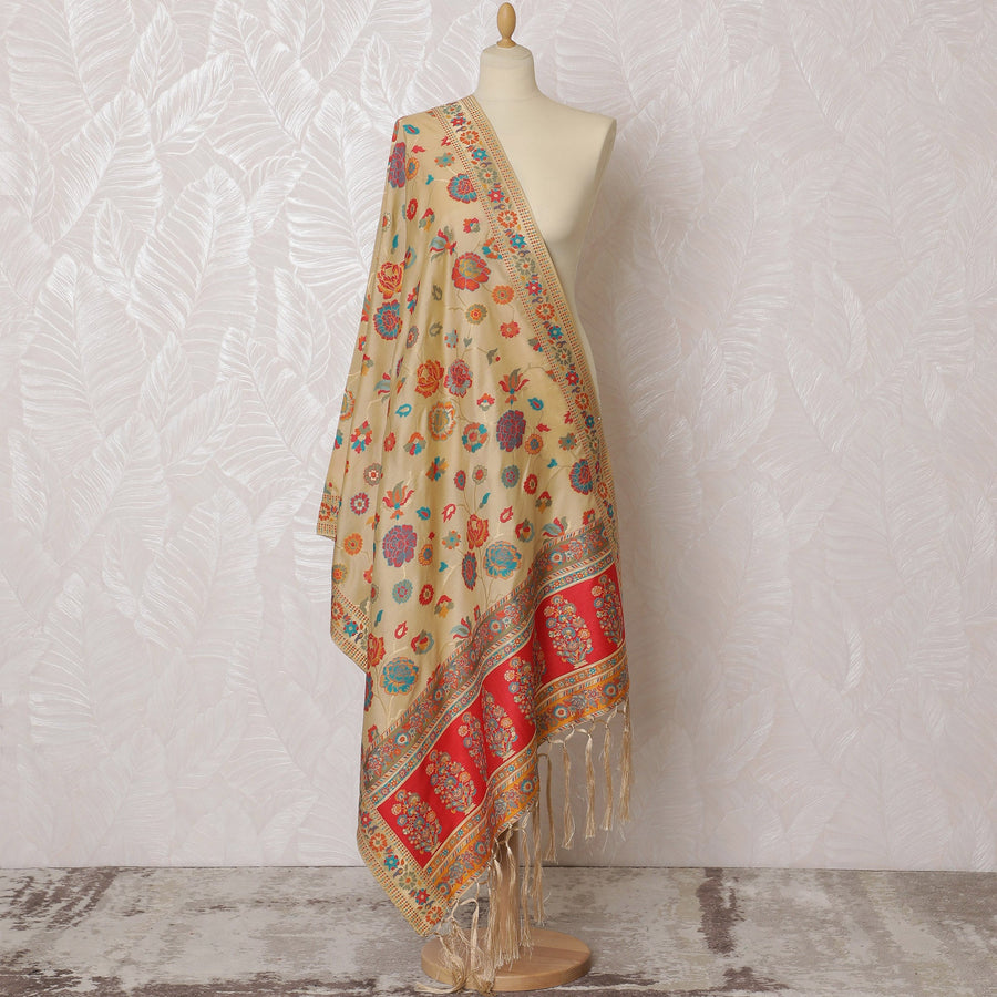وشاح بروكار صناعي كريمي ونابض بالحياة - تصميم هندي تقليدي، 85x245 سم-D19282