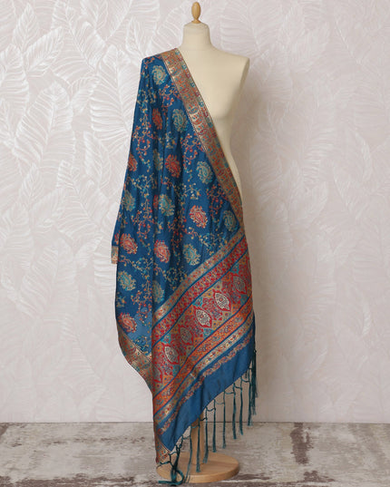 Deep Teal and Red Ornate Synthetic Brocade Dupatta - Traditional Indian Design, 85x245 cm-D19283