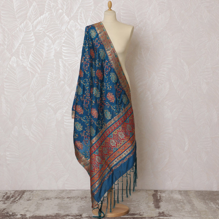 Deep Teal and Red Ornate Synthetic Brocade Dupatta - Traditional Indian Design, 85x245 cm-D19283
