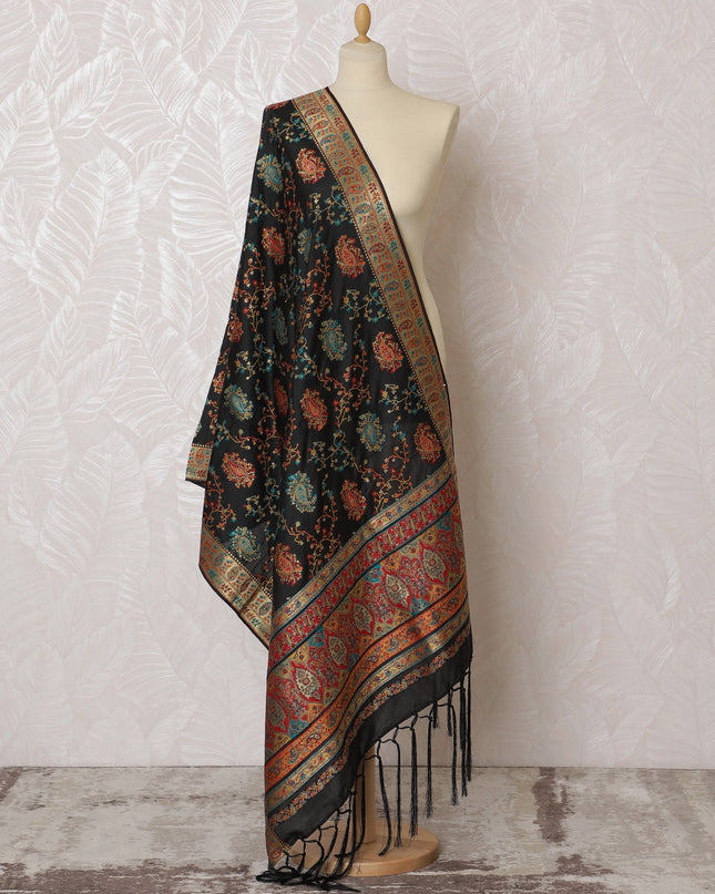 Elegant Black with Floral Motifs Synthetic Brocade Dupatta - Traditional Indian Design, 85x245 cm-D19284 Regal Fabrics