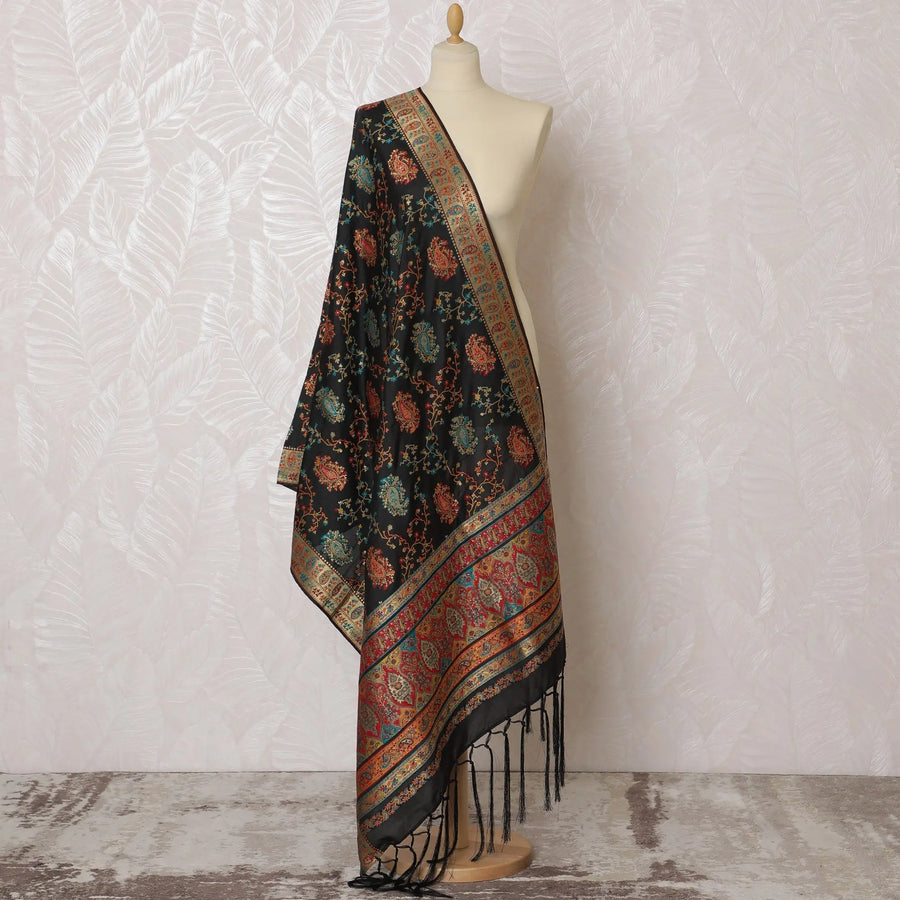Elegant Black with Floral Motifs Synthetic Brocade Dupatta - Traditional Indian Design, 85x245 cm-D19284 Regal Fabrics