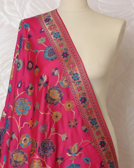 Bright Fuchsia and Blue Floral Synthetic Brocade Dupatta - Traditional Indian Design, 85x245 cm-D19285