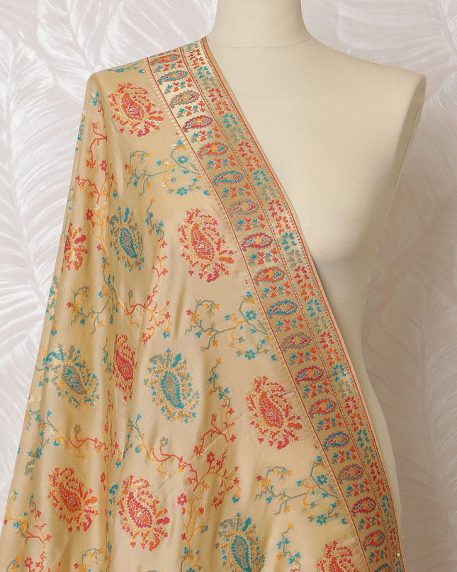 وشاح من الديباج الصناعي باللون الكريمي والمرجاني - تصميم هندي تقليدي، 85 × 245 سم -D19286