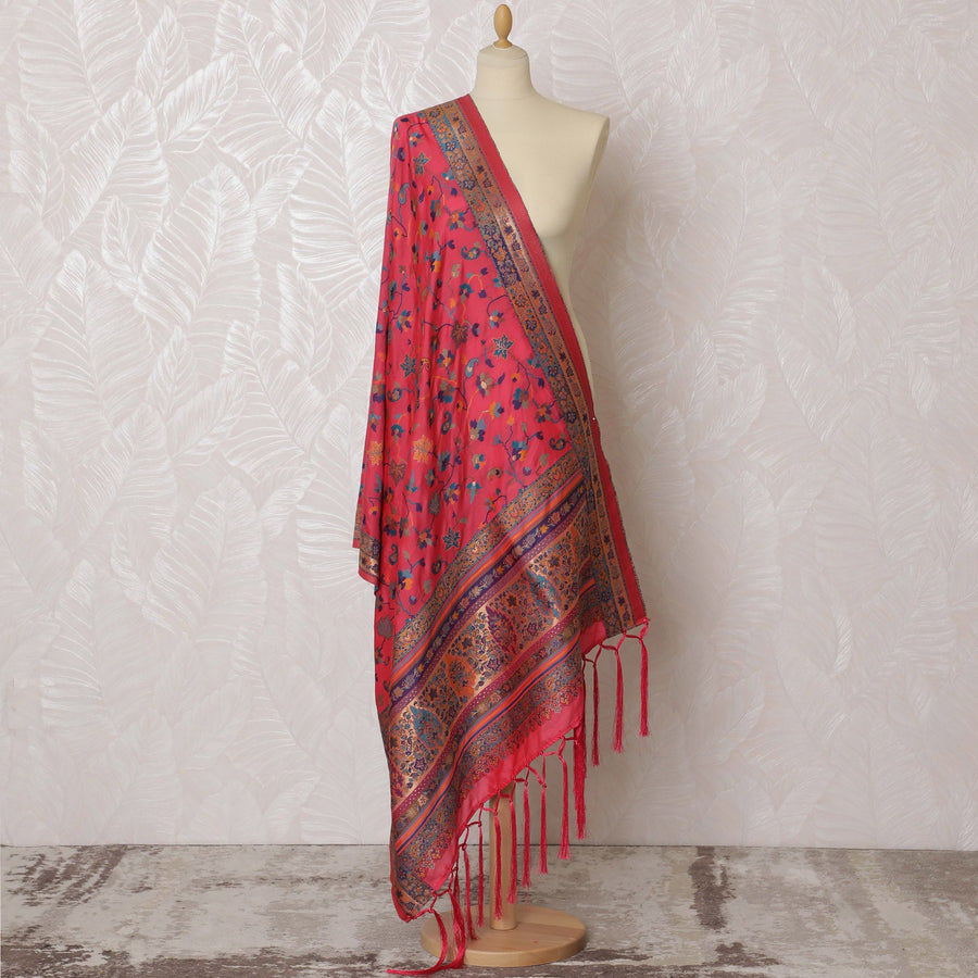 Radiant Red and Navy Floral Synthetic Brocade Dupatta - Traditional Indian Design, 85x245 cm-D19289