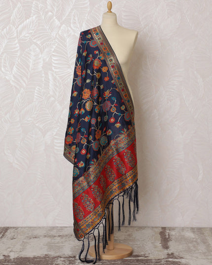 Navy and Vibrant Red Floral Synthetic Brocade Dupatta - Luxurious Indian Design, 85x245 cm-D19291