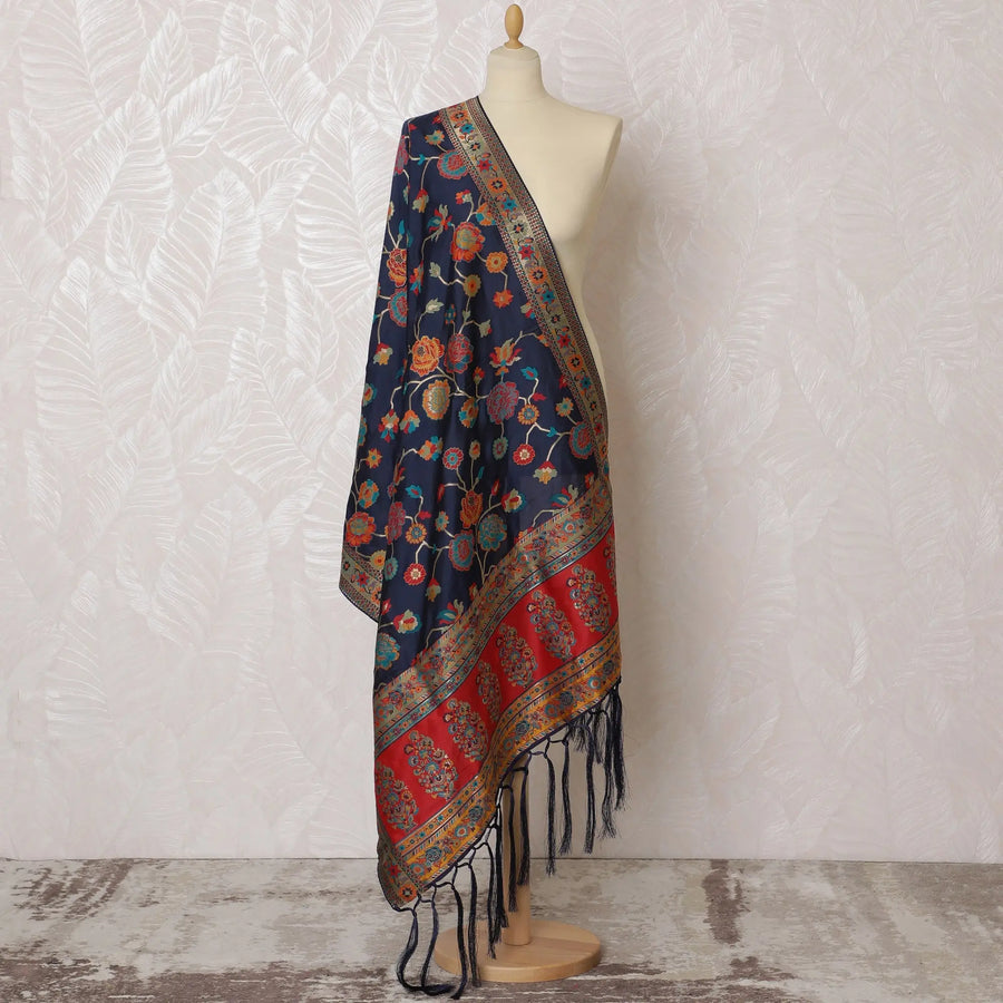 Navy and Vibrant Red Floral Synthetic Brocade Dupatta - Luxurious Indian Design, 85x245 cm-D19291 Regal Fabrics