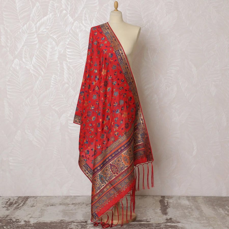 Radiant Red and Blue Floral Synthetic Brocade Dupatta - Traditional Indian Design, 85x245 cm-D19292 Regal Fabrics